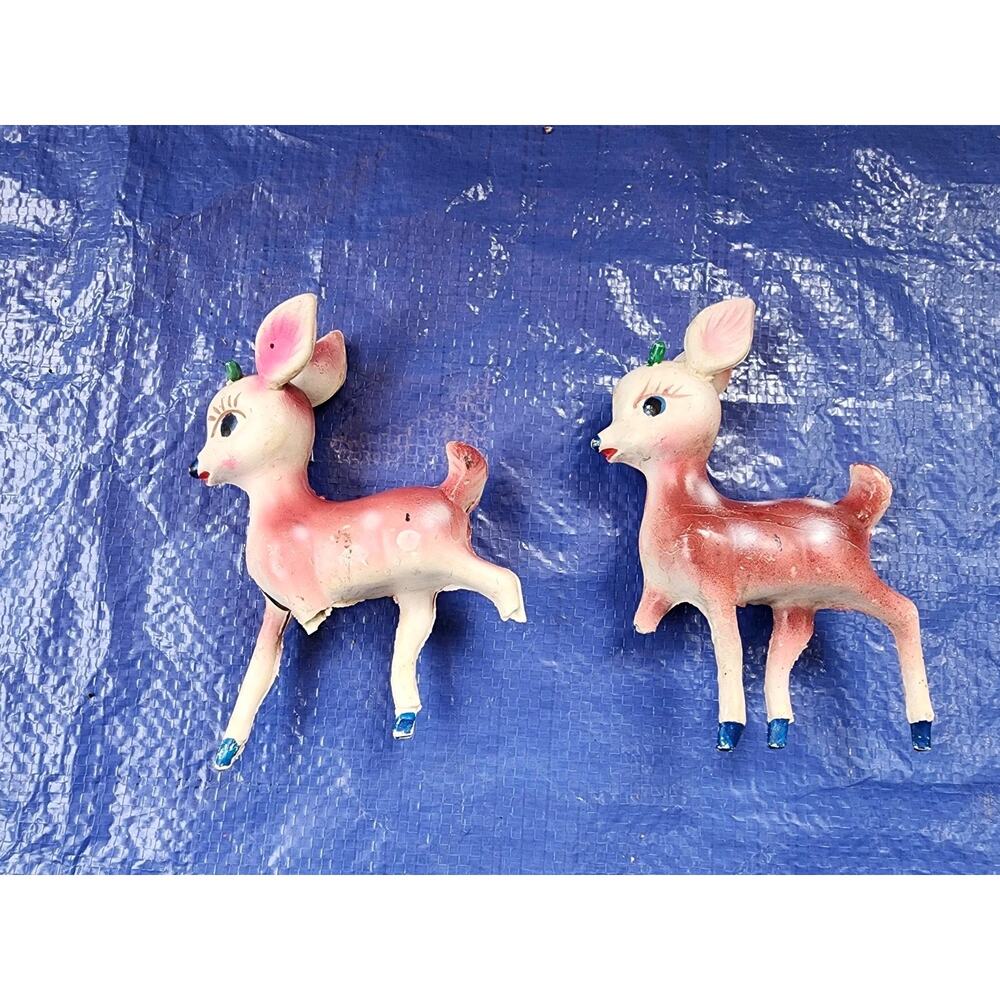 Vintage Antique Christmas Celluloid Reindeer Deer Doe Pair Set Of 2 DAMAGED